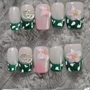 Designer Inspired Green & Pink Floral Press-On Nail Set with Metallic Accent